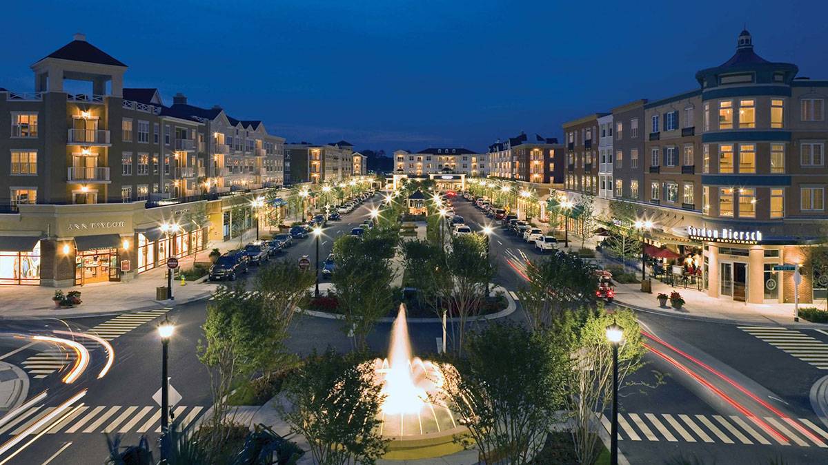 aerial night view over The Market Common with street lights and fountain in Myrtle Beach, South Carolina, USA